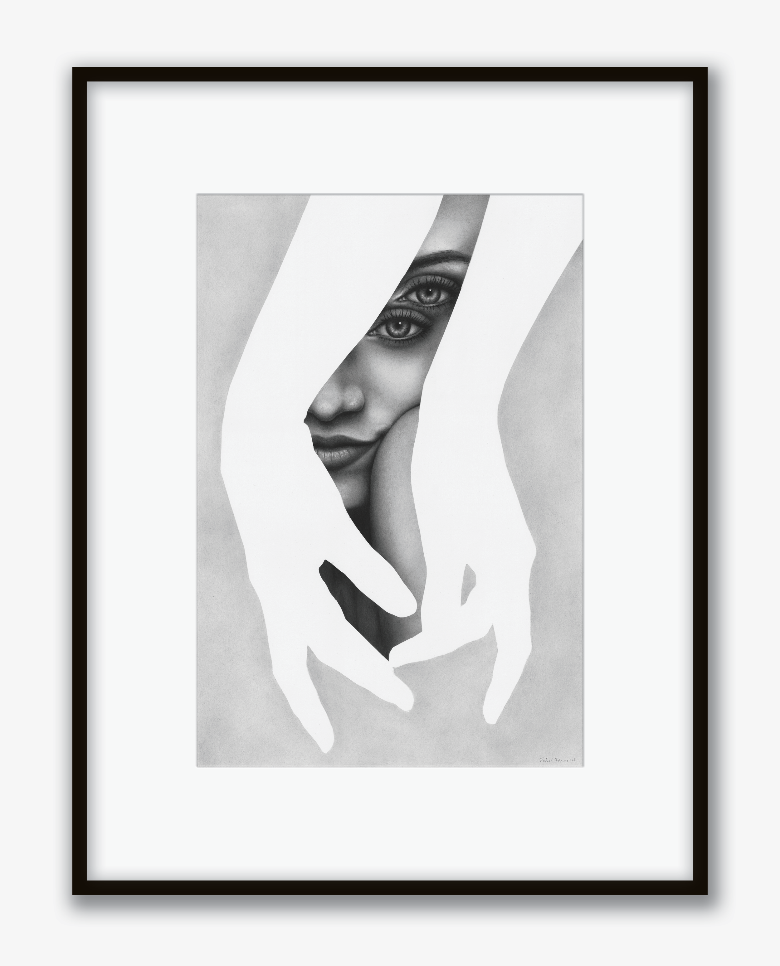 Black and white art print of a woman partially obscured by oversized white hands, focusing on her face with detailed eyes and lips.