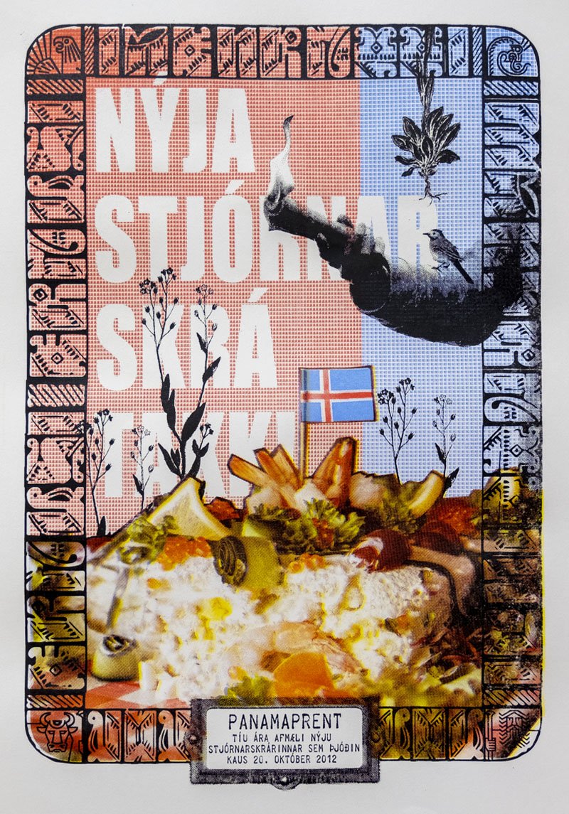 A decorative artifact with an Icelandic design, featuring the Icelandic flag, a stylized bird, and various plants, along with an image of a dish that looks like a celebratory meal, and a label with Icelandic text.