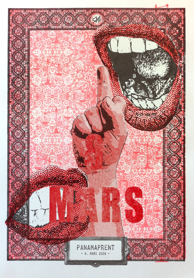 A poster featuring a large open mouth with a tongue and teeth, a hand with the middle finger raised, and two sets of lips with the word "MARS" in bold red letters. The background has a pink and red pattern with a decorative border. The bottom reads "