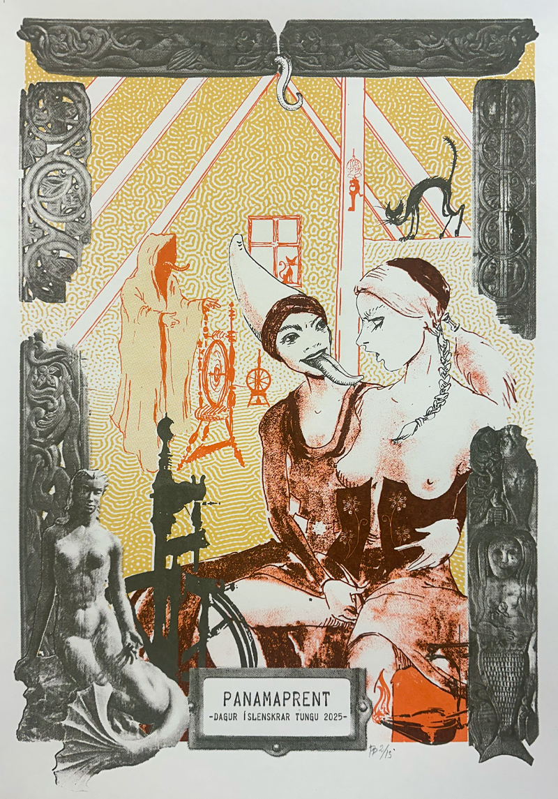 An artistic illustration featuring a topless woman with braided hair sitting next to a woman in a patterned cloak with her tongue out. The background contains various vintage and surreal elements, including a black cat, a small mouse on the window, a