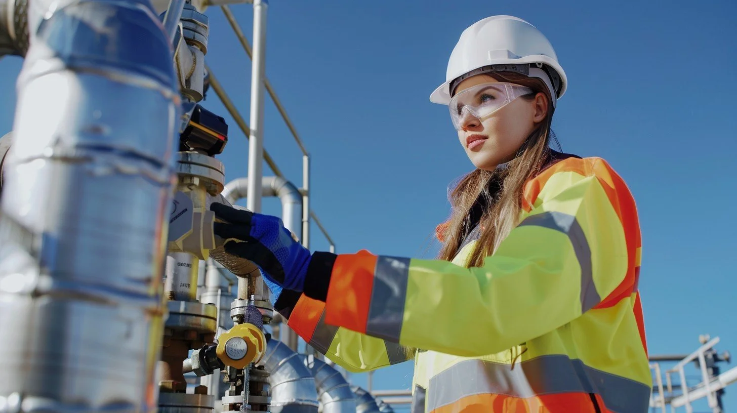 A female worker wearing a white safety helmet working on industrial pipes and equipment outdoors under a blue sky.