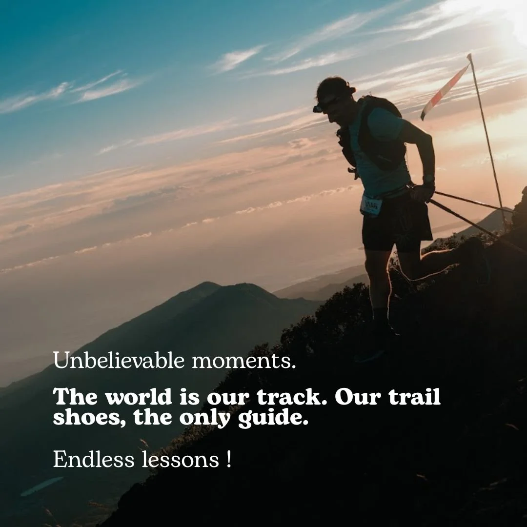 Silhouette of a trail runner on a mountain ridge during a dramatic sunrise.