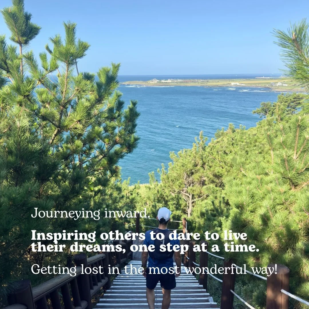 Back view of a man walking down wooden stairs toward a beautiful blue ocean bay.
