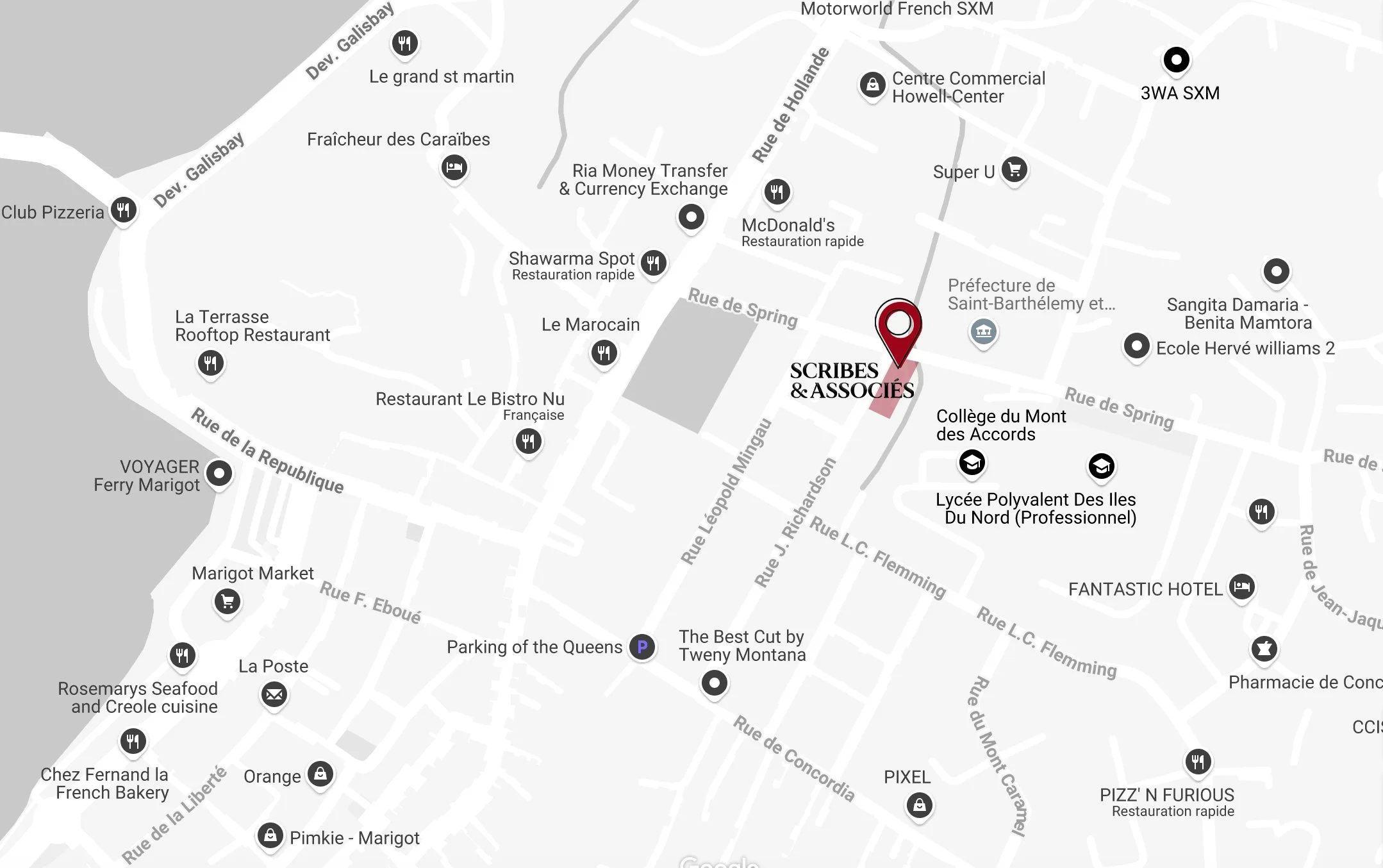 Carte du quartier avec l'emplacement de Scribes & Associés en rouge. Légende montrant divers commerces, restaurants, écoles et autres points d'intérêt dans la région.