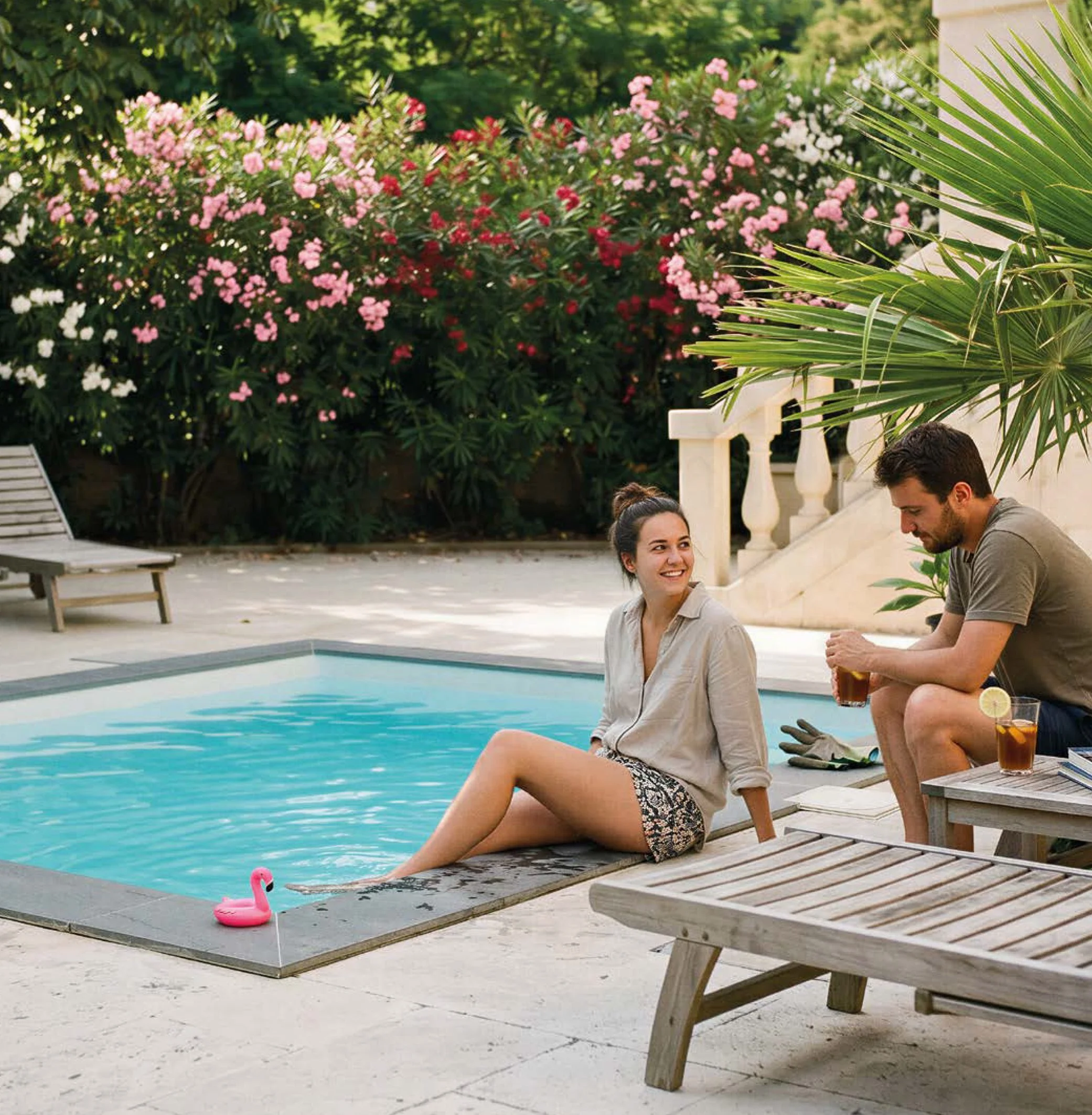 Deux personnes assises près de la piscine, discutant et se détendant, entourées de végétation luxuriante et de meubles de jardin.