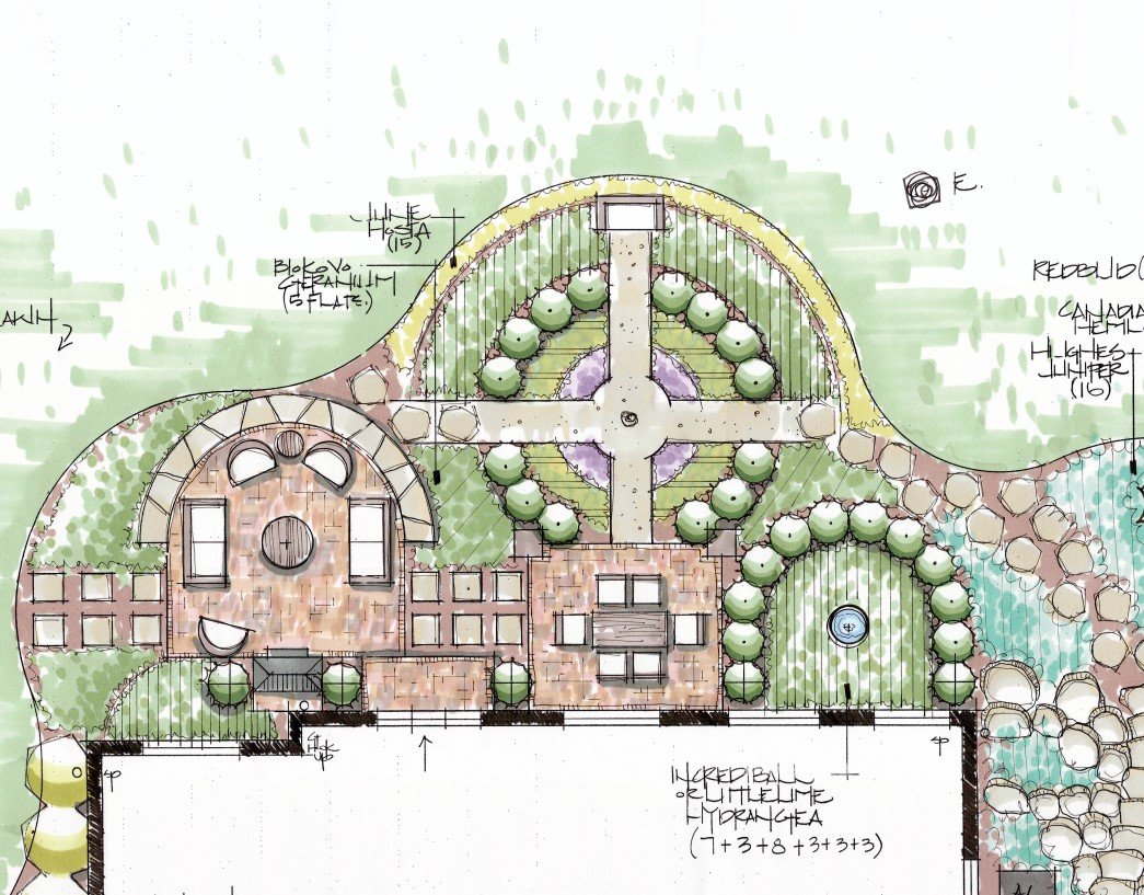 back yard landscape design including patio, entertaining area, plantings, knot garden for home in Yorkville Illinois