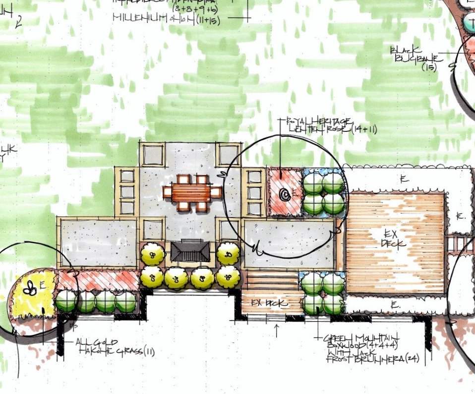 back yard patio design using pea gravel and natural stone for home in Plainfield Illinois