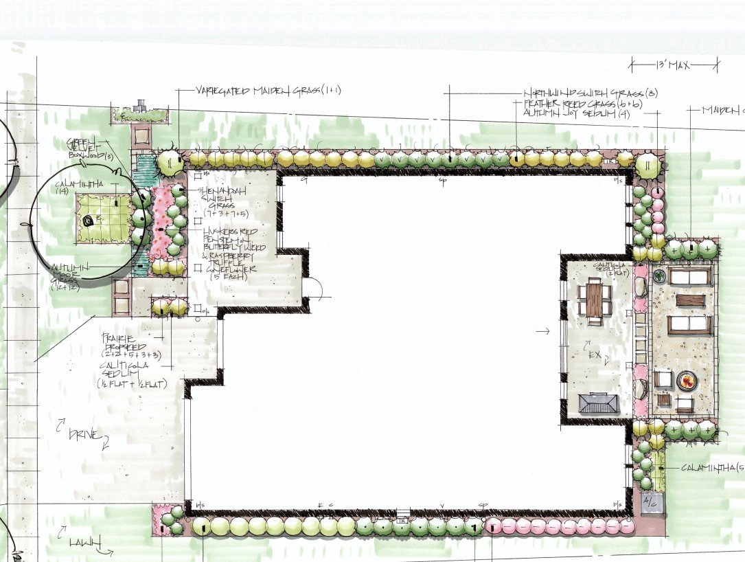 master plan landscape design for home in Aurora Illinois, including native plantings and patio
