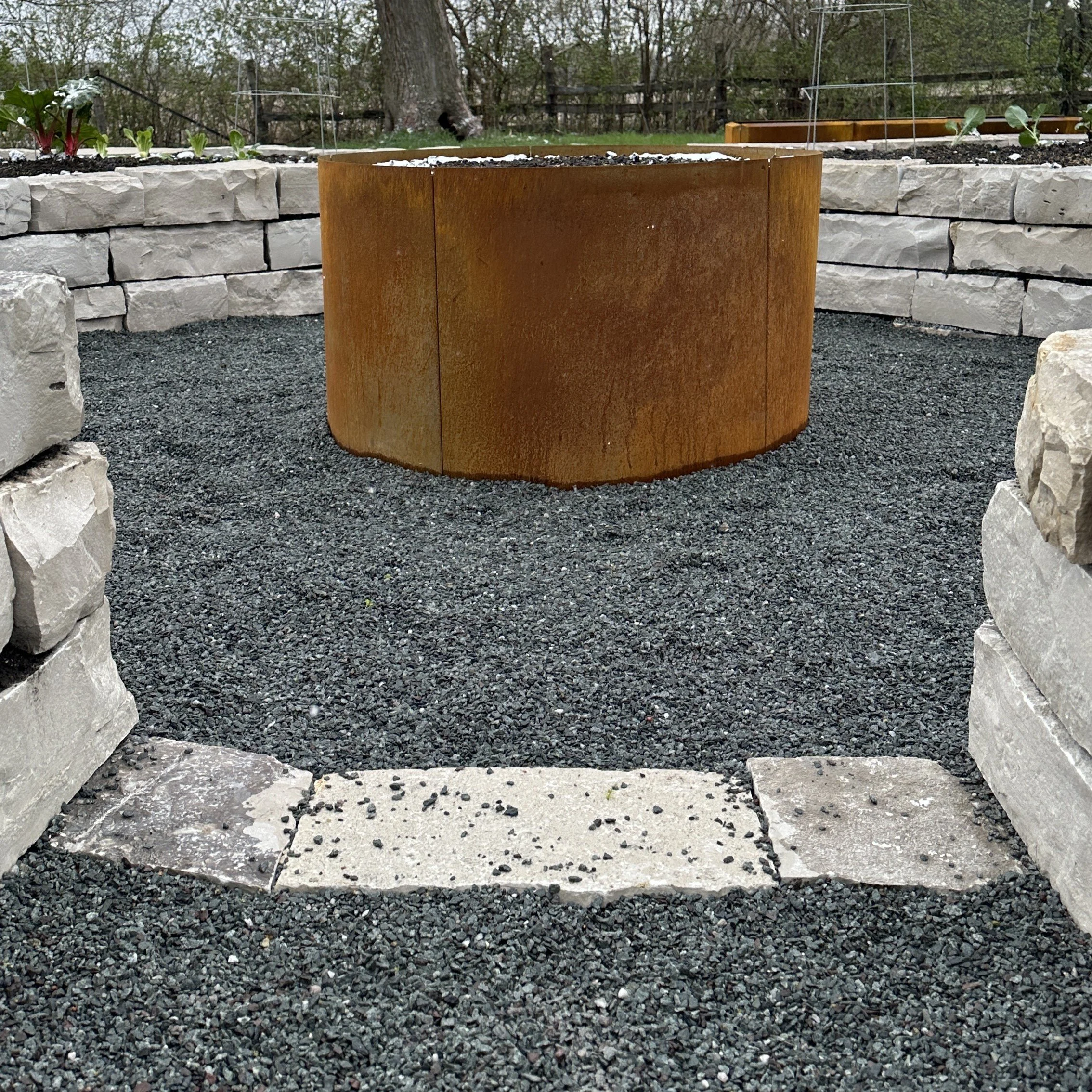 bluestone chips and eden natural stone raised vegetable garden beds in Oswego Illinois