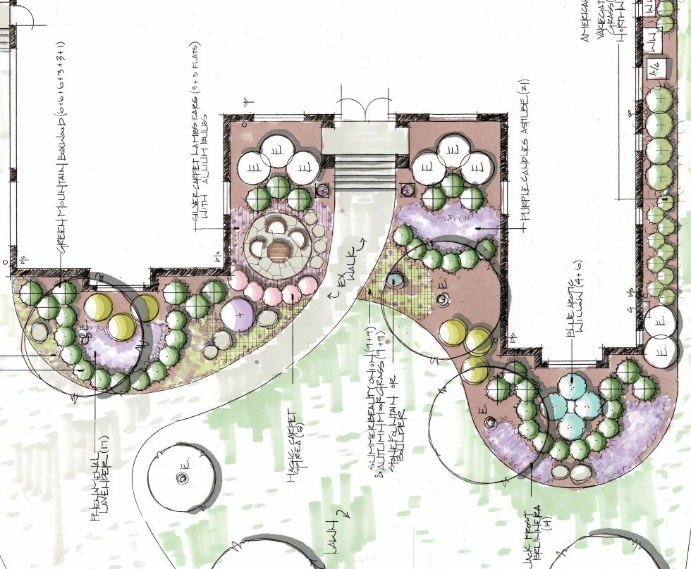 front yard landscape design including stone seating area and plantings for home in Joliet Illinois