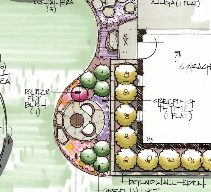 close-up of seating area with plantings for back yard in Wheaton Illinois