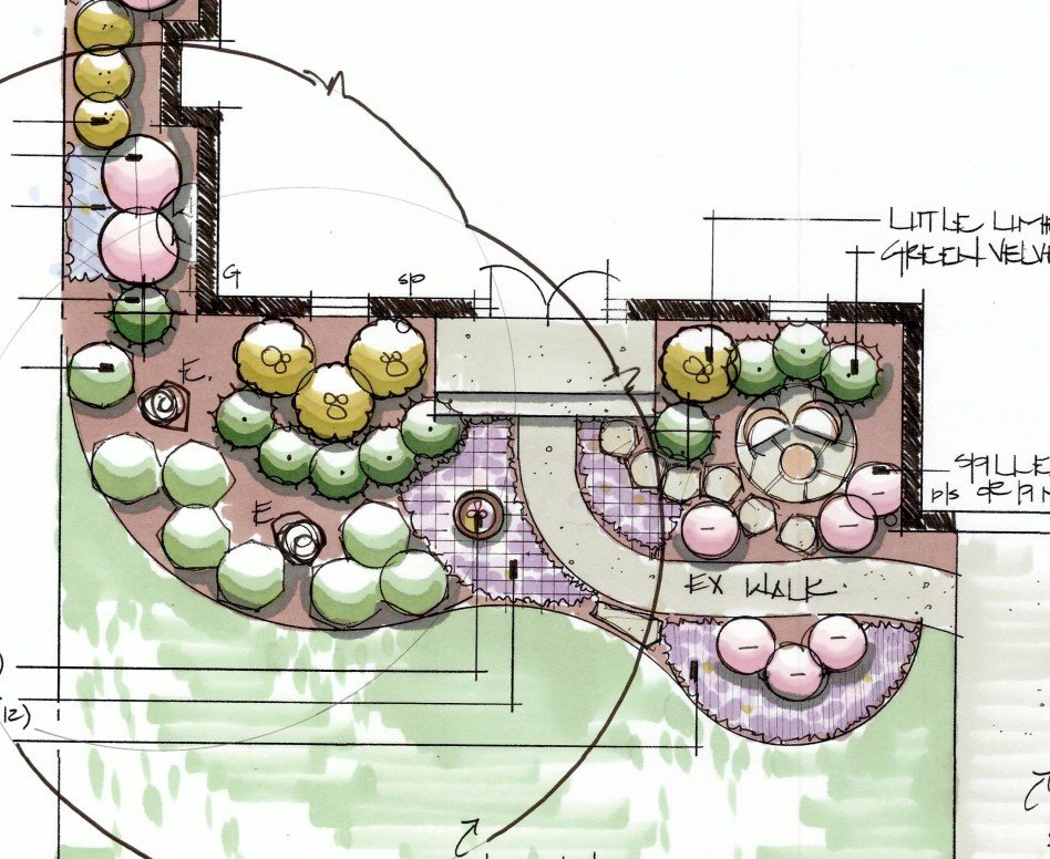 front yard landscape design with plantings and seating area for home in Aurora Illinois