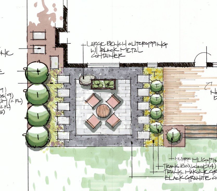 back yard linear, modern patio design with plantings for home in Wheaton Illinois