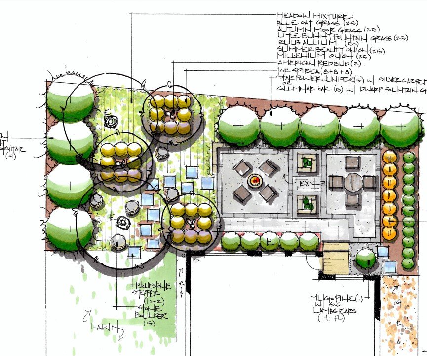 linear modern landscape design for home in Downers Grove Illinois, including patio and raised garden beds
