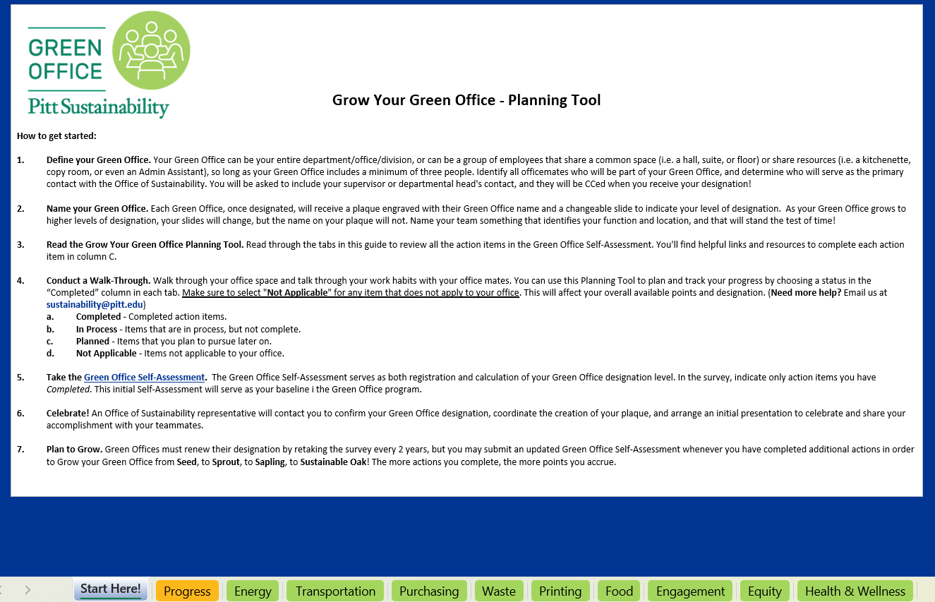 Screenshot of the Pitt Green Office planning tool with nine self-assessment areas: energy, transportation, purchasing, waste, printing, food, engagement, equity, and health & wellbeing. Source: Pitt Green Office Website