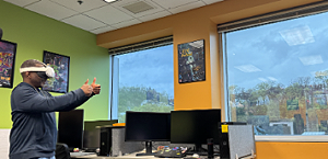 Travel-in-X, is a mixed reality game that blends the physical space with virtual elements using VR glasses to reimagine reality. Source: ImmerX