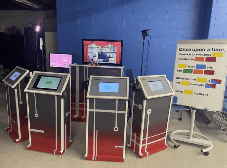 Photo of the full Little Owl Construction Co. classroom set up with the TV, animatronic owl Dawn, and the five platforms for lighting, sound, movement, story, and background. Photo Credit: Little Owl Construction Co.