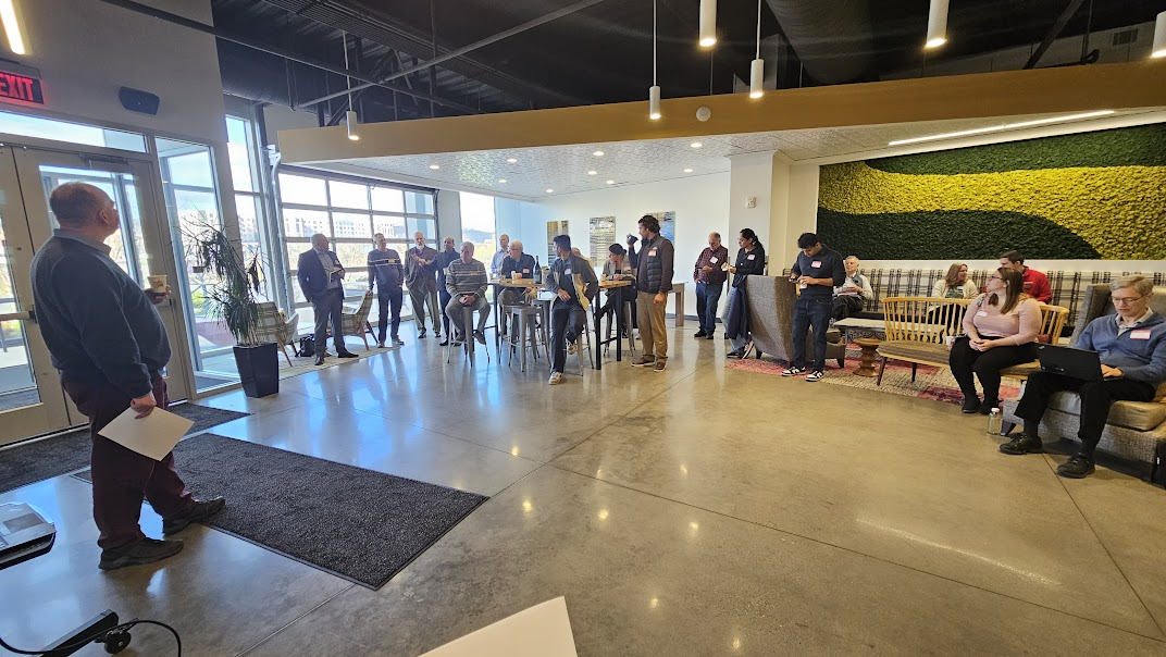 Photo of the Hot Metal Book Club gathered at Hot Metal Campus at the April 2026 BioBreakfast gathering in Pittsburgh.