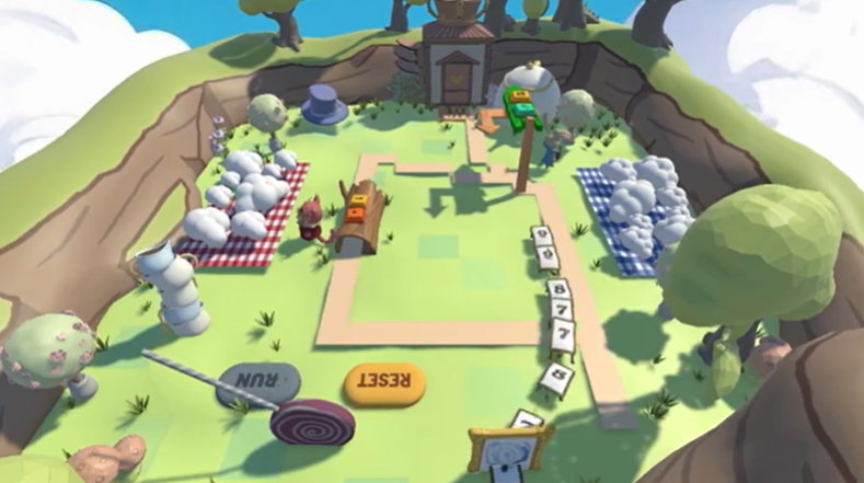 Image from the It Takes 2 Alices game, which is played in augmented reality using the Tilt Five. The scene shows the card dogs running on a track with signposts guiding the way. Source: It Takes 2 Alices team.