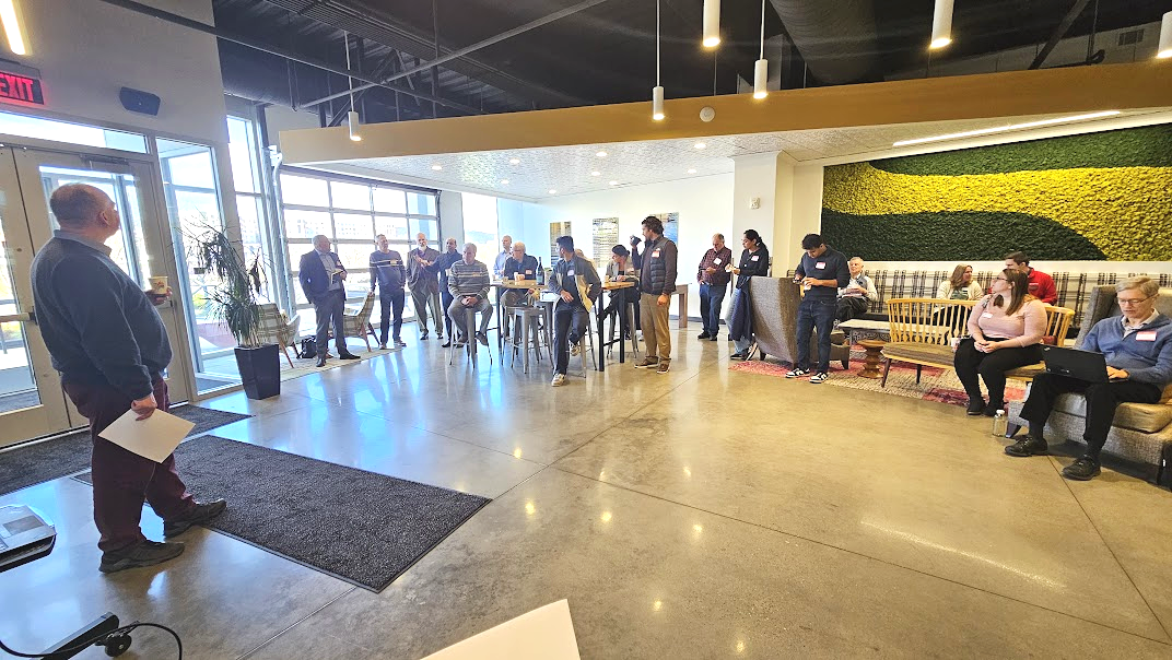 Photo of the Hot Metal Book Club gathered at Hot Metal Campus at the April 2026 BioBreakfast gathering in Pittsburgh.