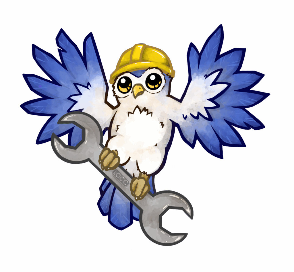 Logo image of Dawn the owl wearing a yellow hard hat and holding a wrench in her claws. Dawn has blue wings and a white body. Logo Credit: Little Owl Construction Co.