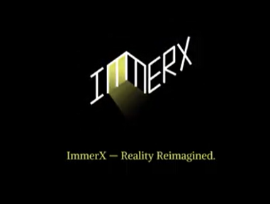 Graphic design image with a black background and ImmerX written in white text. The door of the first "M" is glowing yellow. Under states, "ImmerX - Reality Reimagined".