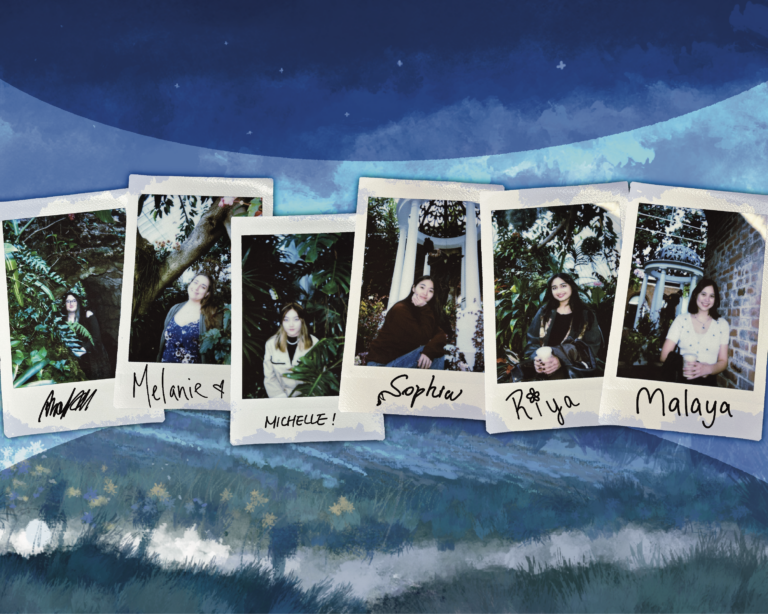 Image of the Remnants team. The image has an impressionist style background in blues, greens, and whites. The team members are each pictured in a Polaroid-style frame with their names written beneath. Photo: Remnants Team.
