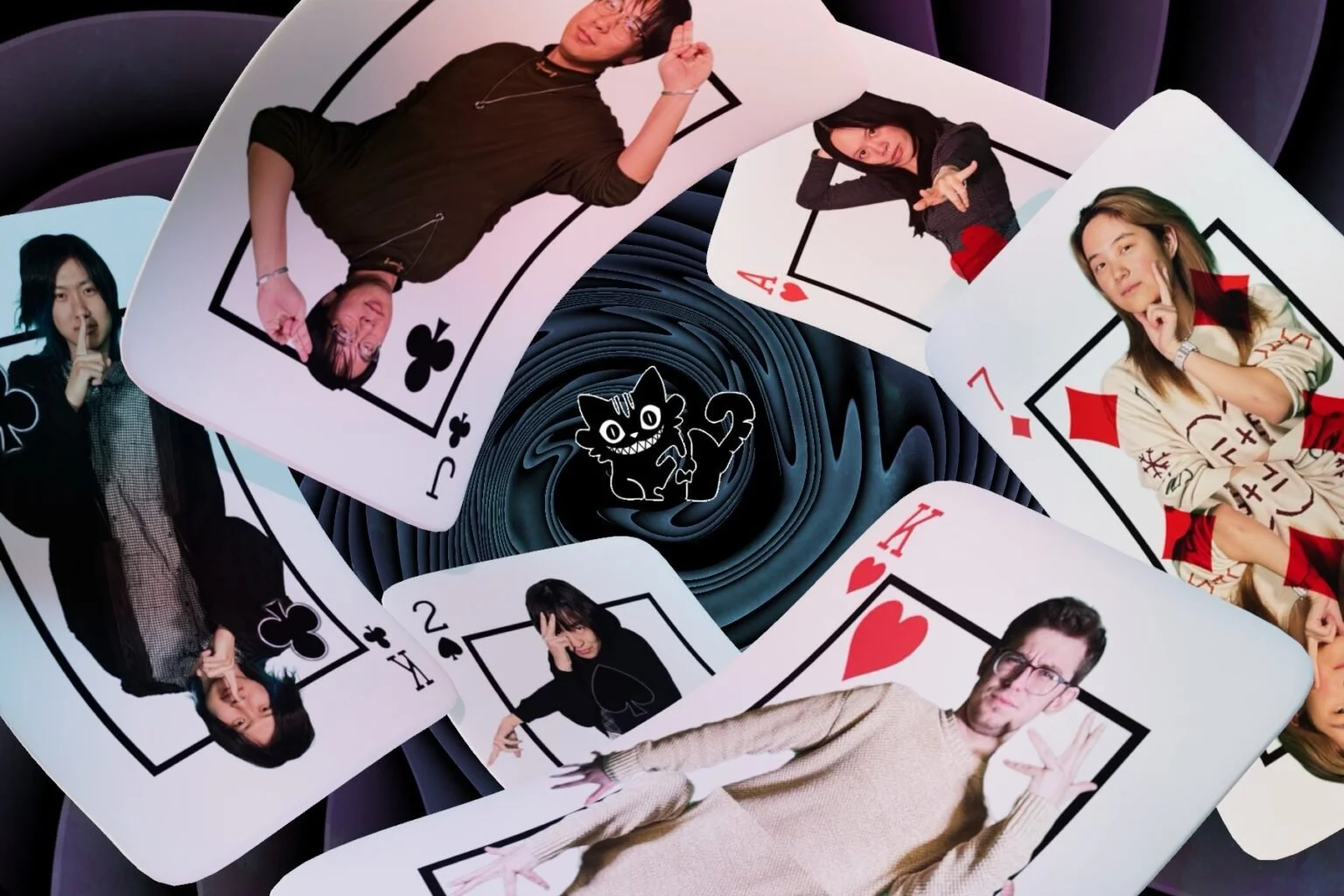 Image of the It Takes 2 Alices team members. Their photos are on playing cards that are swirling around a black cat with a cheshire-like grin. Source: It Takes 2 Alices team.