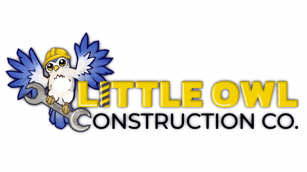 Logo for Little Owl Construction Co. Logo has Dawn the Owl on the left holding a wrench with the name of the team to the right in yellow and black. Logo Credit: Little Owl Construction Co.