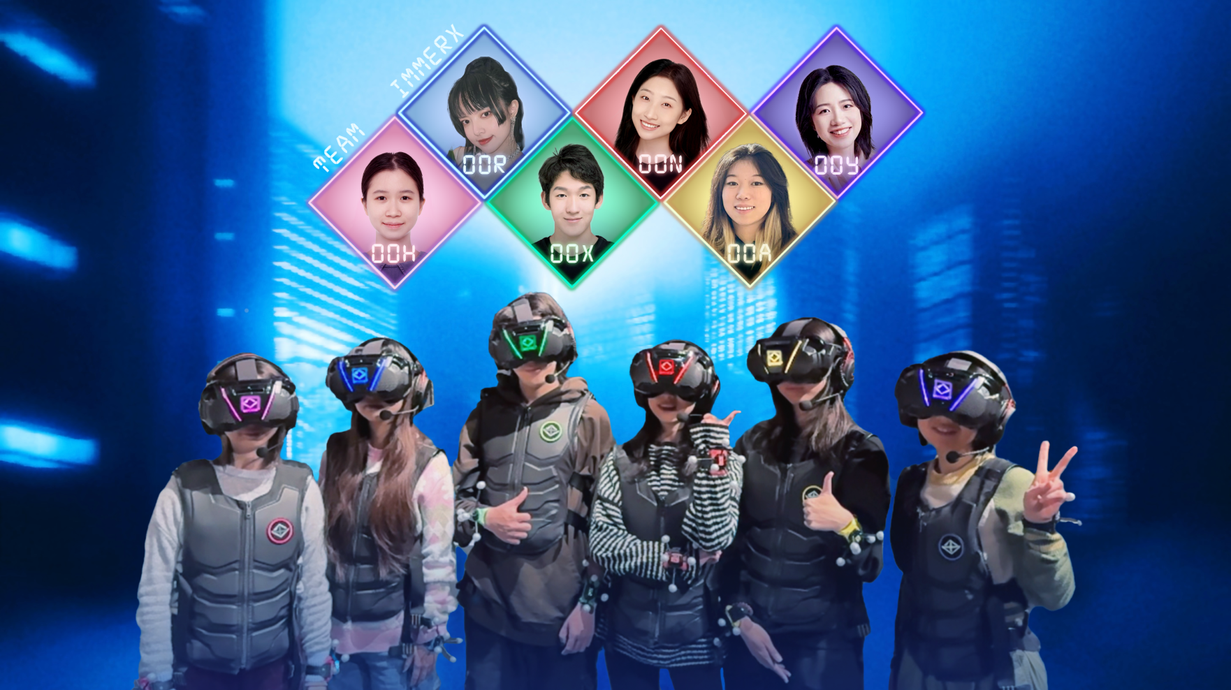 This photo shows the six team members of ImmerX wearing VR glasses and posing in front of an illuminated blue digital-style background. Above the team members are six portrait photos in pink, blue, green, red, yellow, and purple diamond shapes.