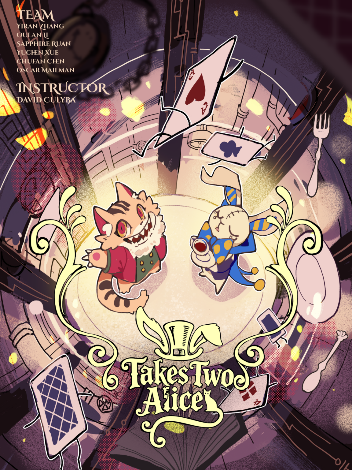 Project poster for It Takes 2 Alices showing an illustrated, rabbit, swirling cards, and the team members names. Source: It Takes 2 Alices team.