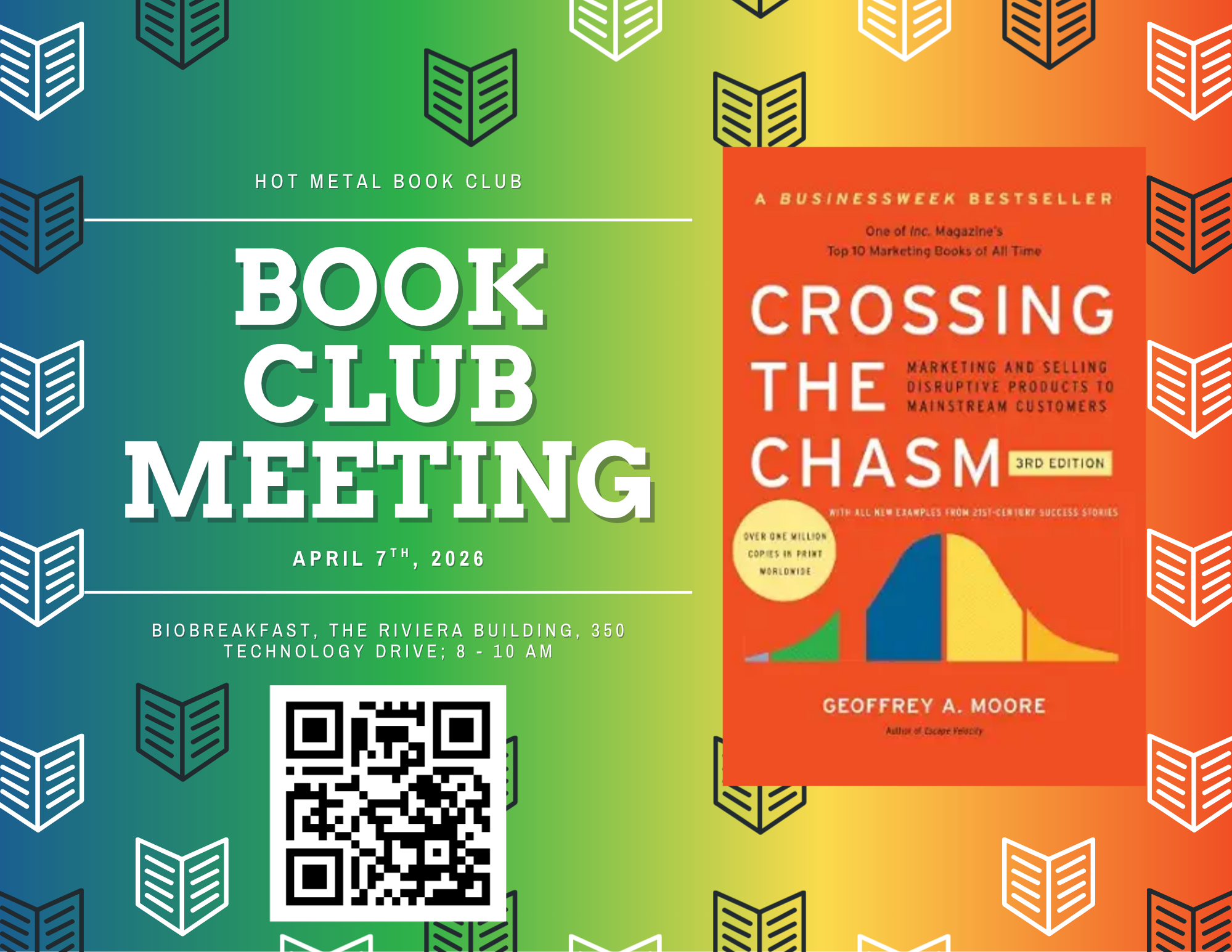 Graphic design image showing the cover of the book and the Hot Metal Book Club and BioBreakfast meeting announcement.