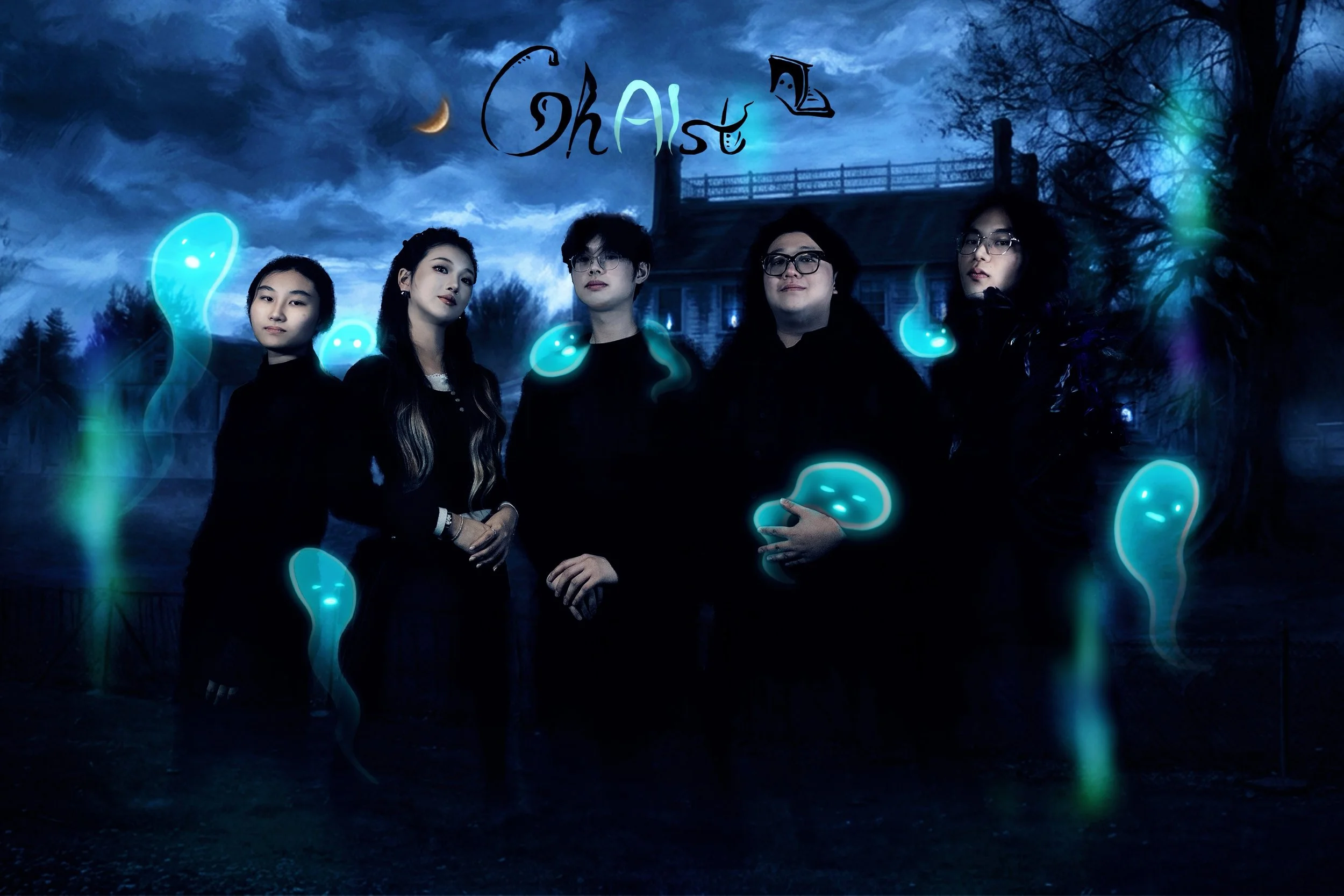 Image shows the GhAIst team members in front of a blue-gray cloudy sky and background. Digital ghosts are around the team. Source: GhAist Team.