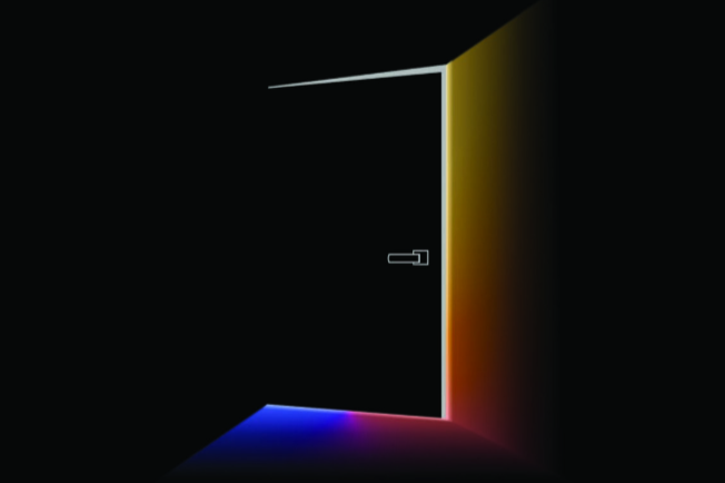 ImmerX team poster for the Carnegie Mellon University Entertainment Technology Center mixed-reality project. The poster is mostly black with a door illuminated with yellow, orange, pink, and blue light shining through as the door opens.