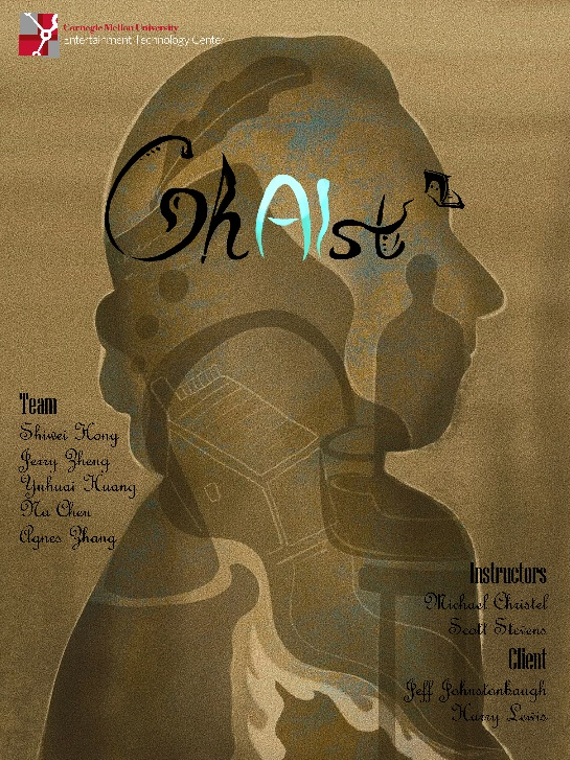 Project poster for GhAIst. The poster is varying shades of tan with a silhouette. GhAIst is written on the poster along with the team, instructor, and client names. Source: GhAIst Team.