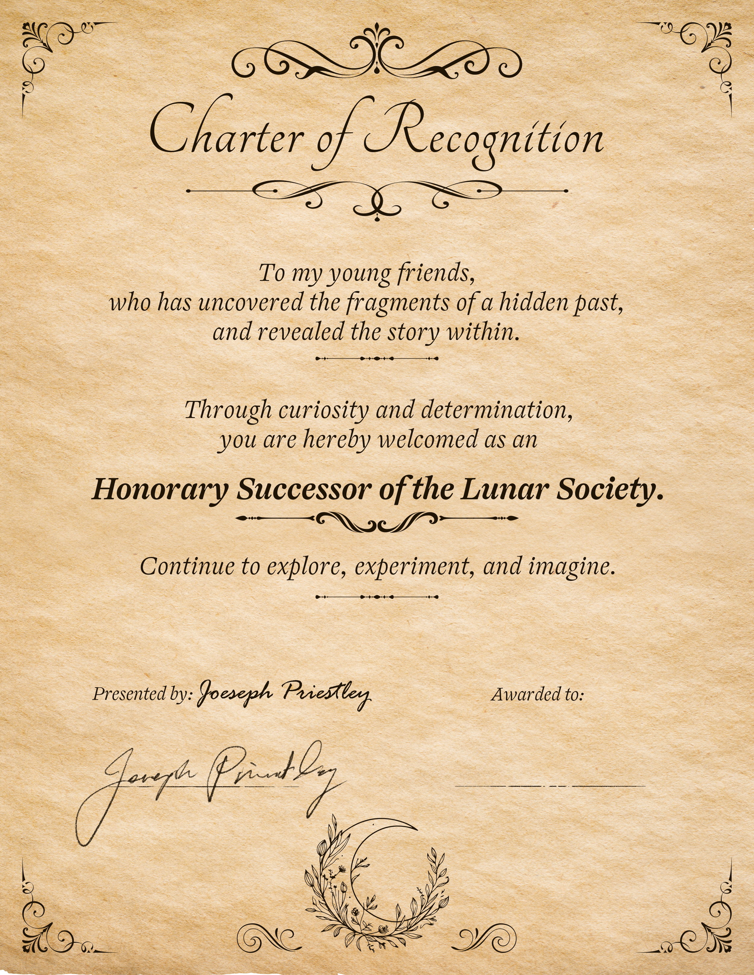 The image shows the certificate of completion awarded to GhAIst guests for solving the mysteries and learning about Priestley's life. The document says "Charter of Recognition" and can be printed by guests as a bookmark. Source: GhAIst Team.