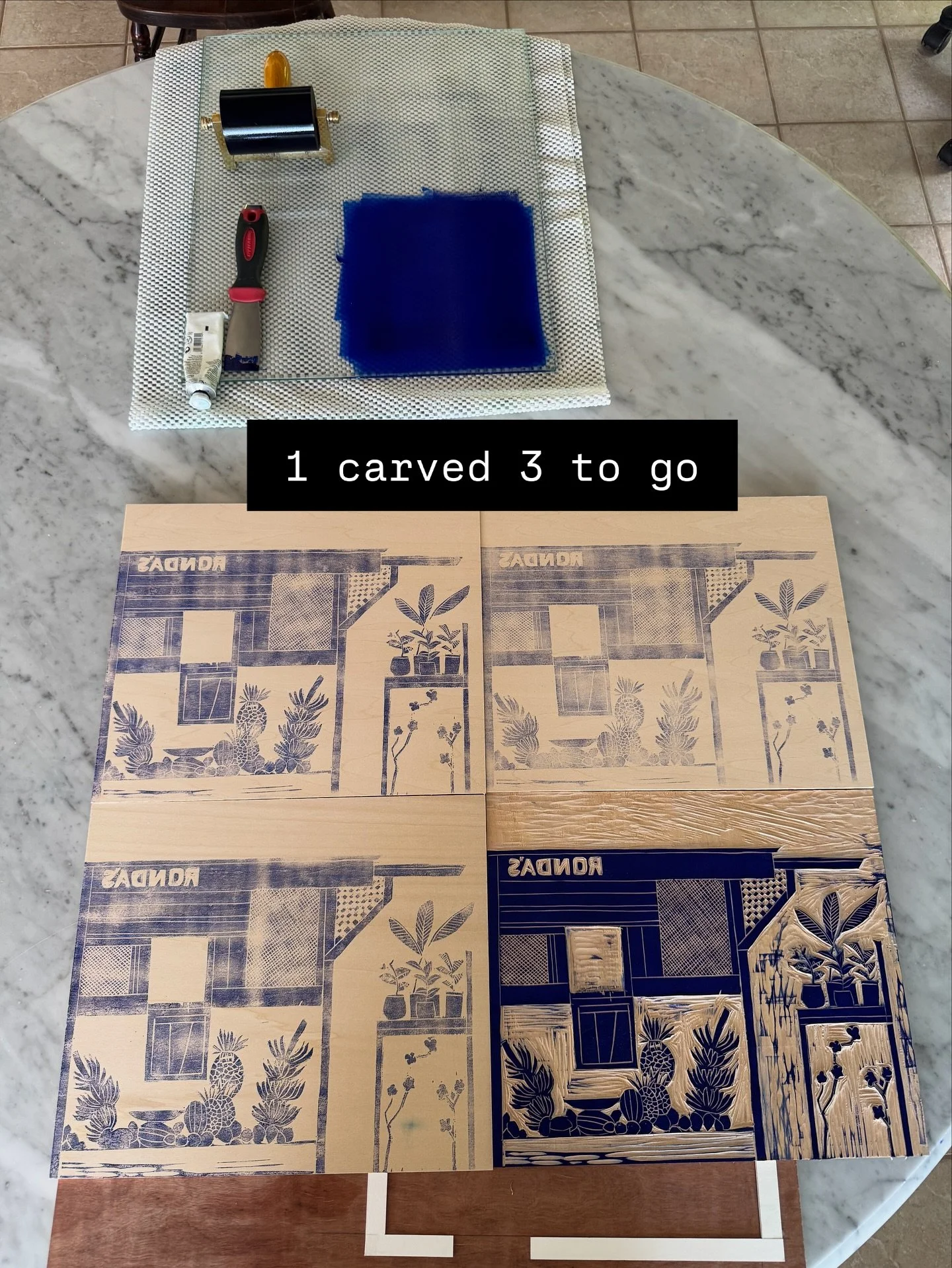 Ronda&rsquo;s woodcut -  1 plate carved and 3 to go. I have a tummy full of nerves. So many layers to think about carving this colorful #woodcut. All of my supplies are flown into Antigua including these beautiful Japanese wood plates. Fingers crosse