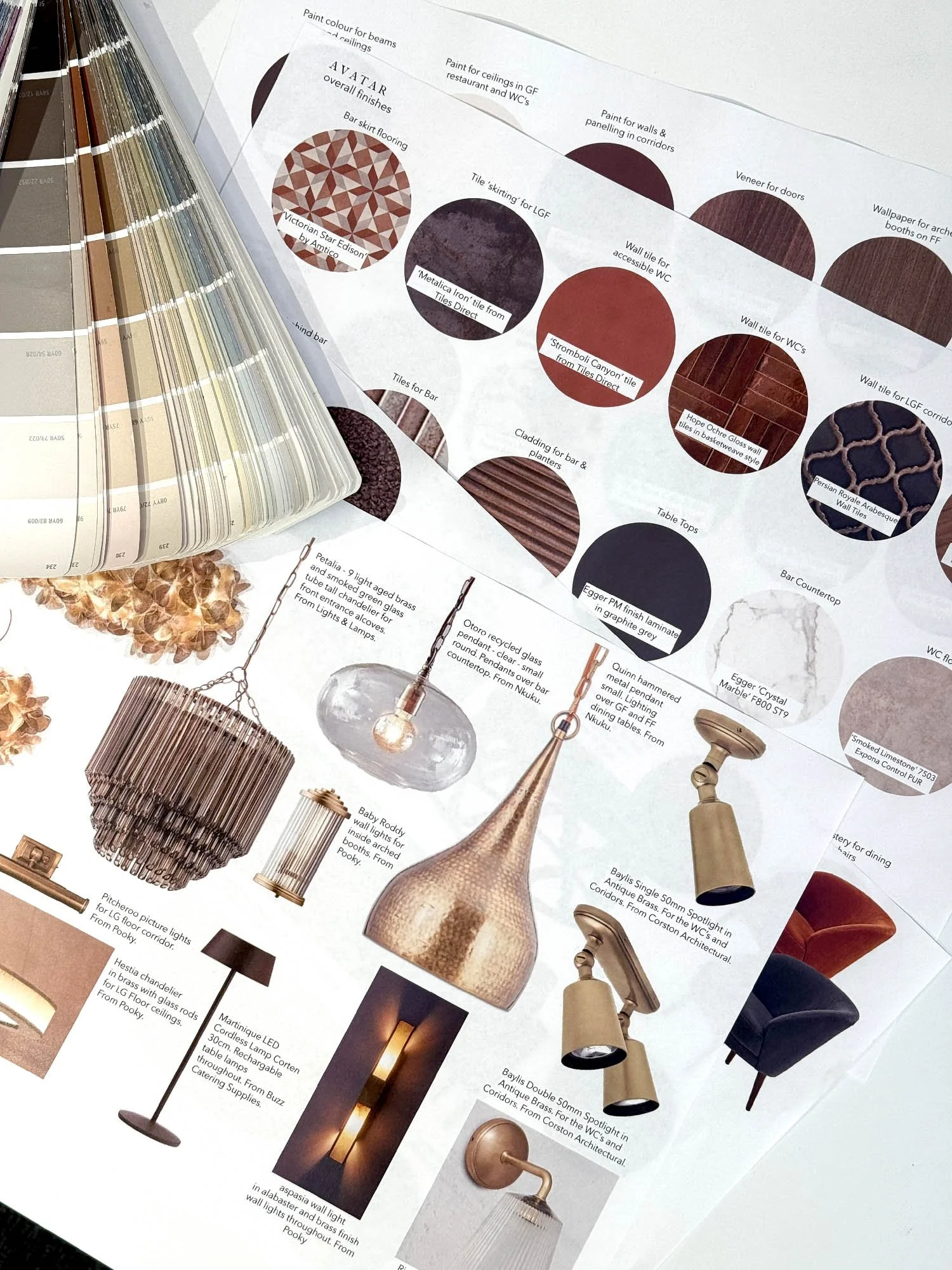 A page from a home decor catalog showing various wall lights, pendant lamps, ceiling lights, and wall tiles in different styles and finishes.