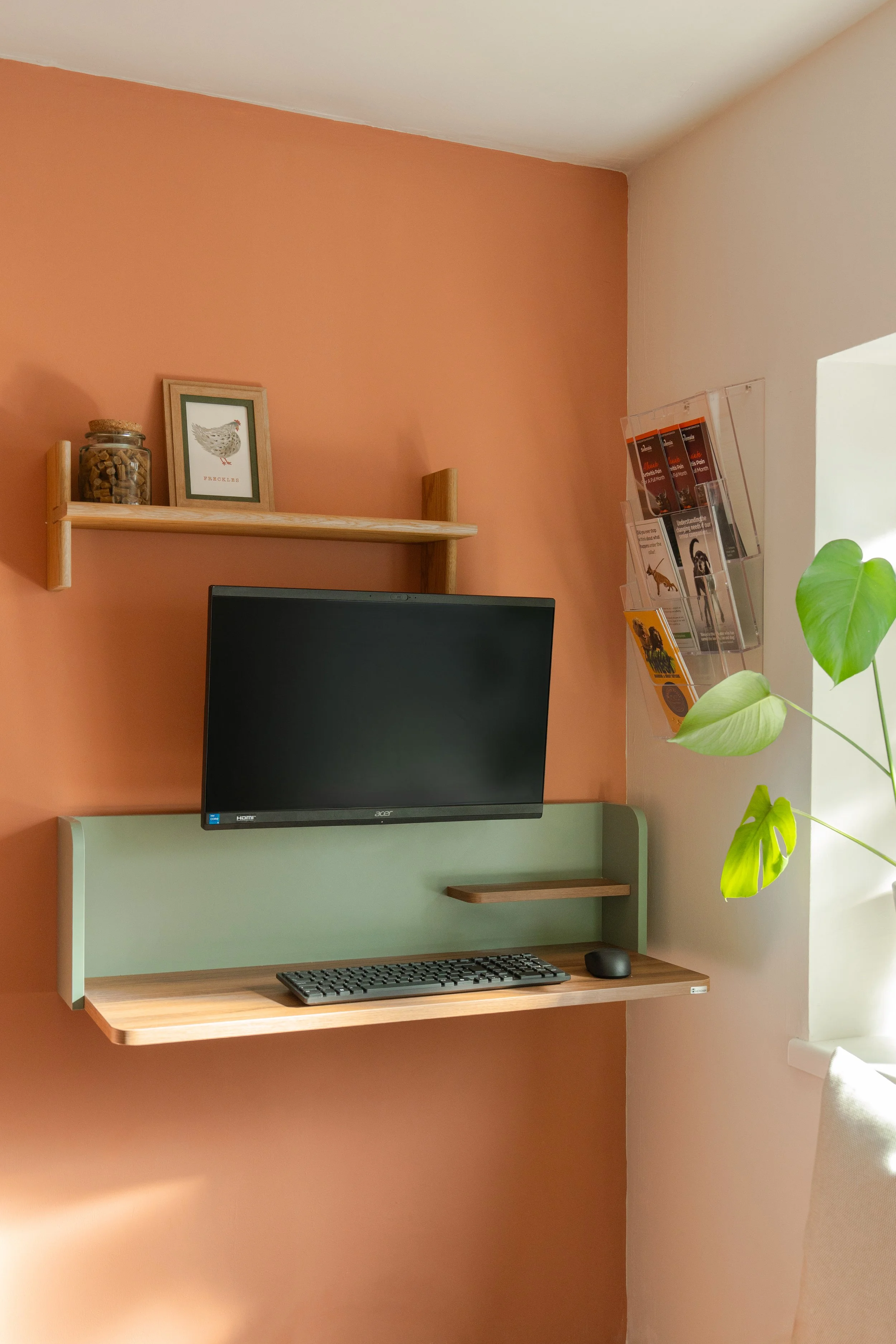 Modern reception workspace at Malthouse Vets with warm terracotta walls, bespoke shelving, and thoughtfully designed veterinary interiors.