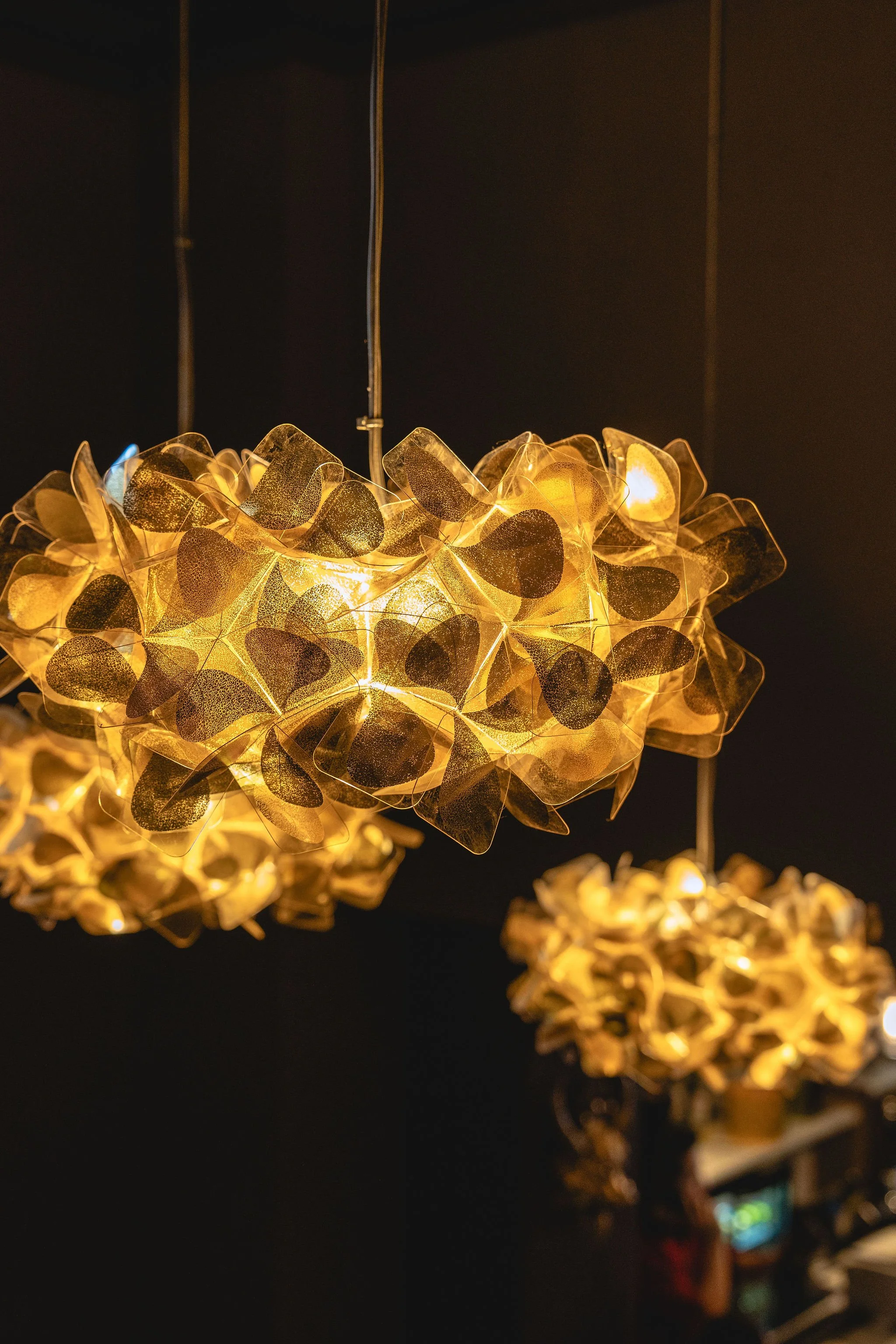 Close-up of hanging decorative lights shaped like flowers with gold-colored petals illuminated against a dark background.