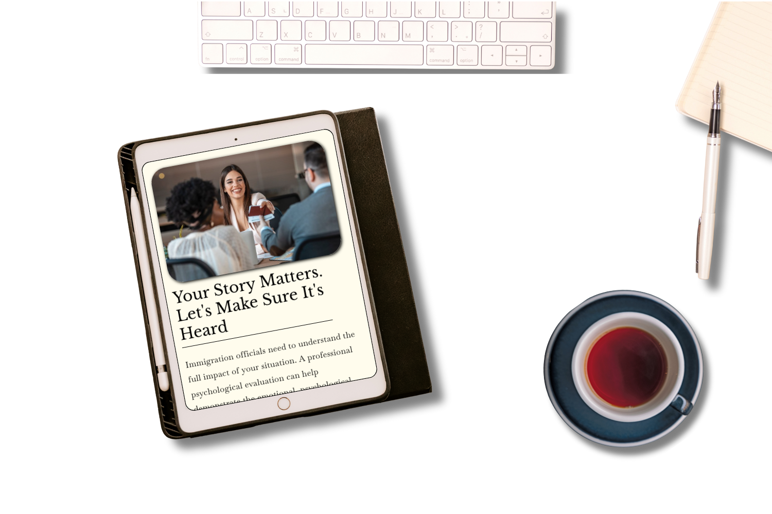 Professional workspace with keyboard, coffee, and notebook representing a welcoming digital environment for therapy practices.