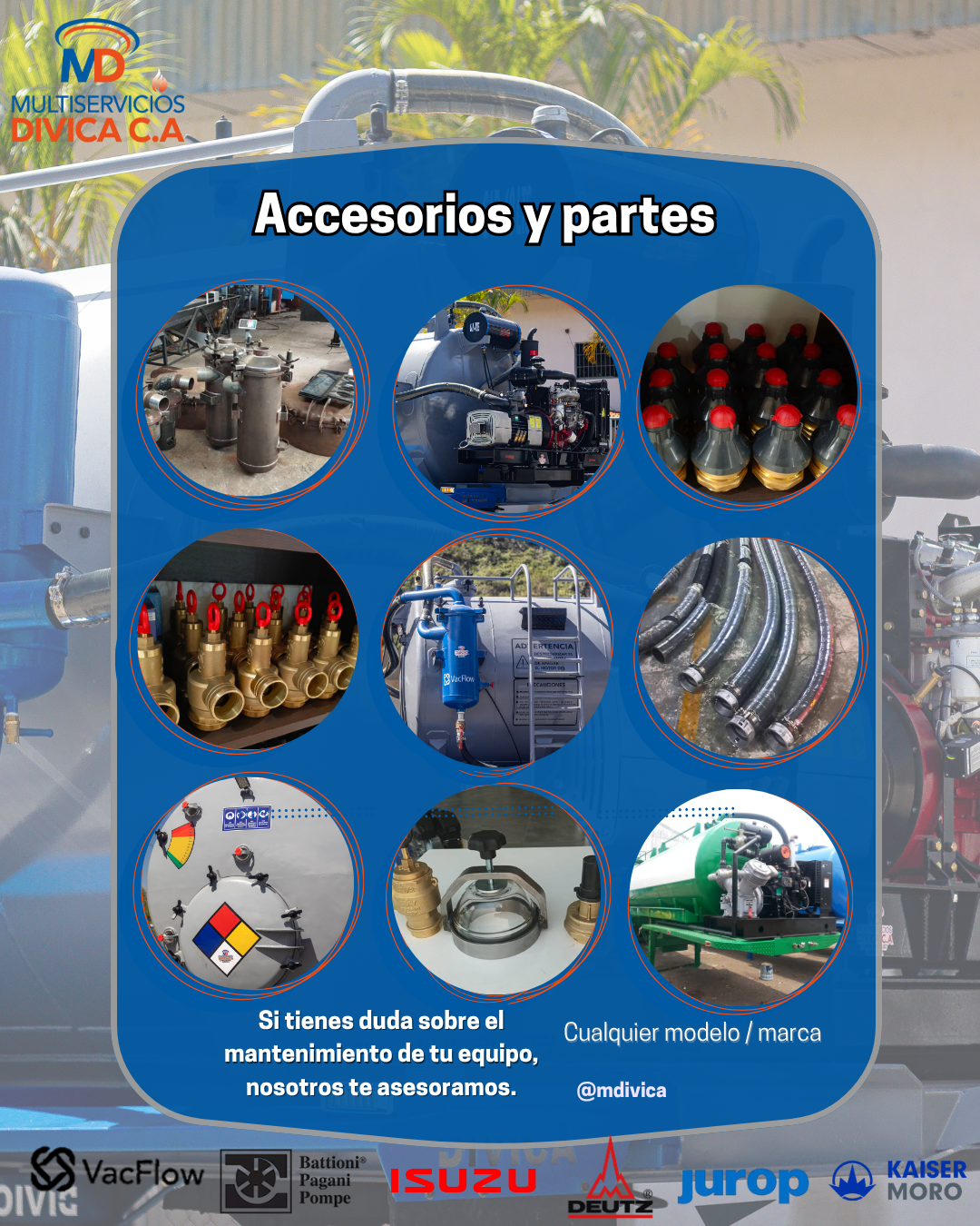Imagen publicitaria de accesorios y partes para equipos de mantenimiento, con fotos de componentes industriales, válvulas, mangueras, bombas, y maquinaria, junto con textos de contacto y marcas de maquinaria como Isuzu, Deutz y otras.