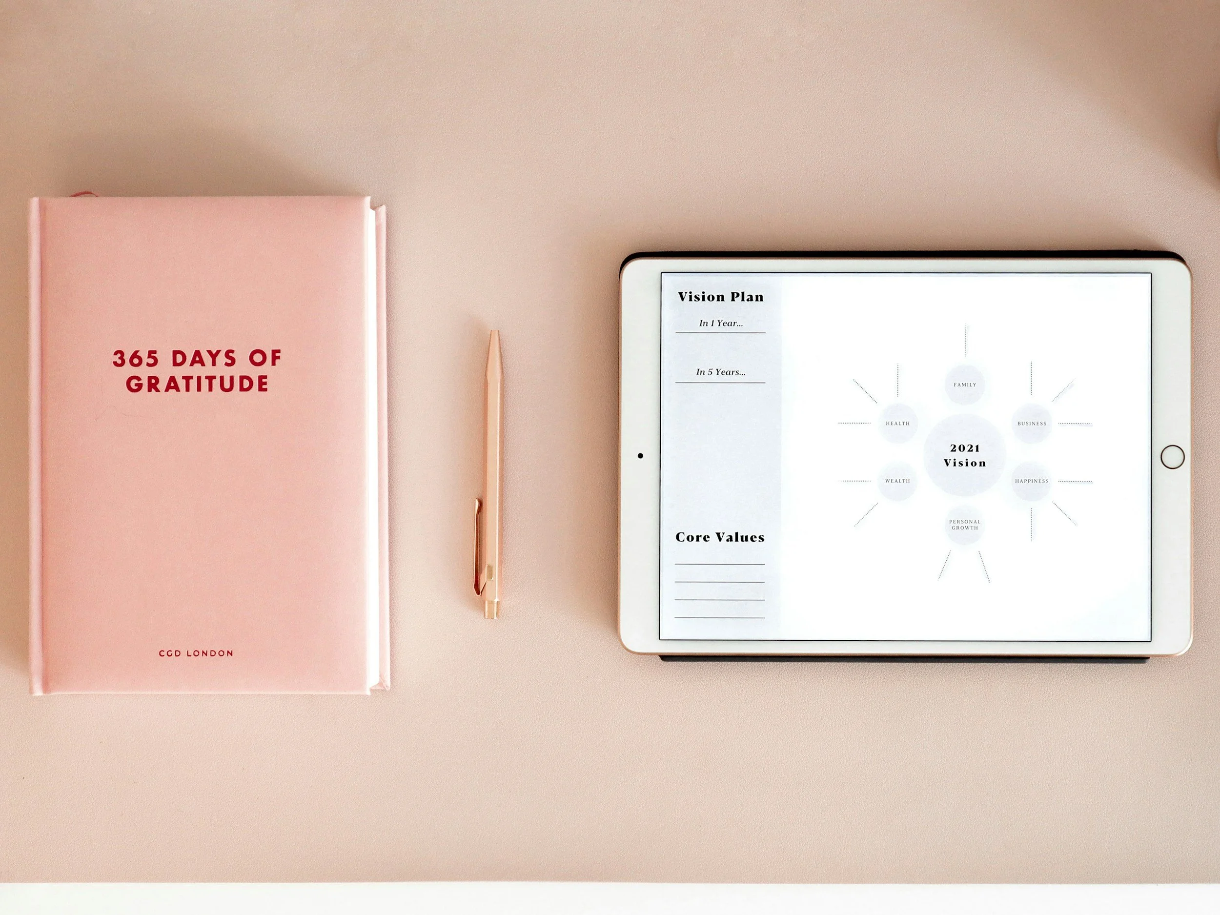 Pink notebook titled '365 Days of Gratitude' with a pen and a tablet displaying a vision plan on a light pink surface.