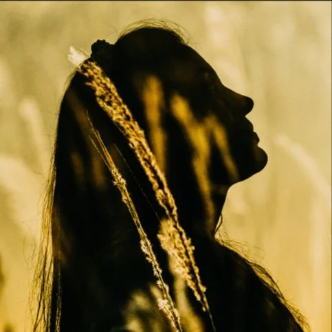 Overlayed images, one of a woments face looking up to the sky and the other image is of long grass in the setting sun