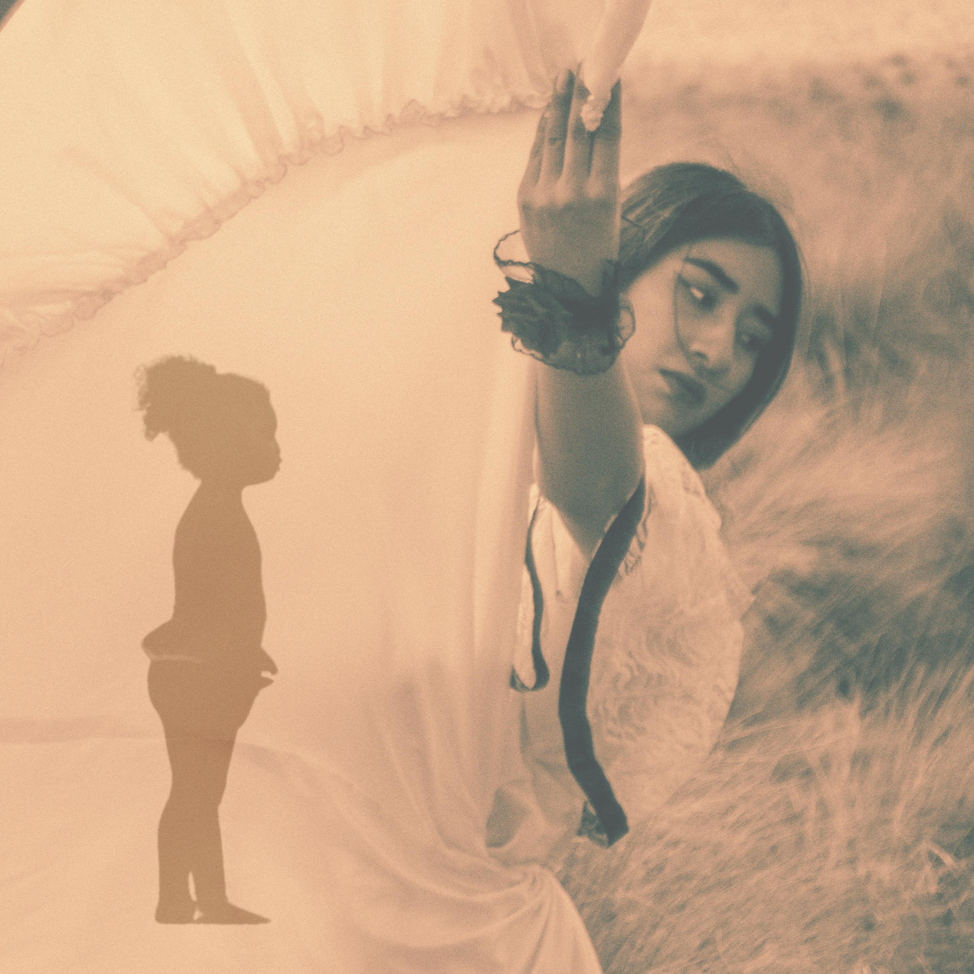 Overlayed images, one of a women's dancing in a white dress and the other image is of a small child