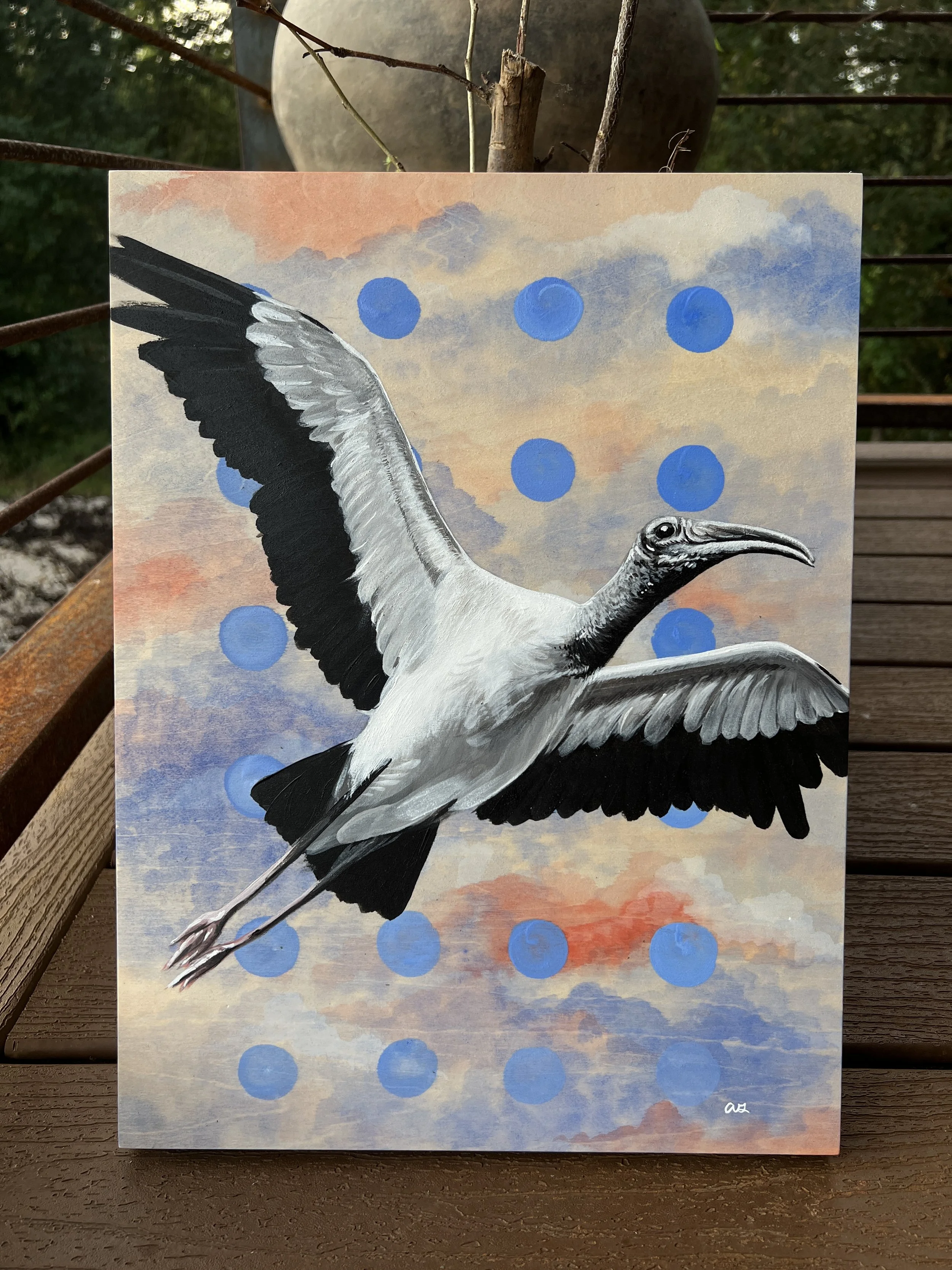 Wood Stork Dots - Acrylic Painting on Wood Panel