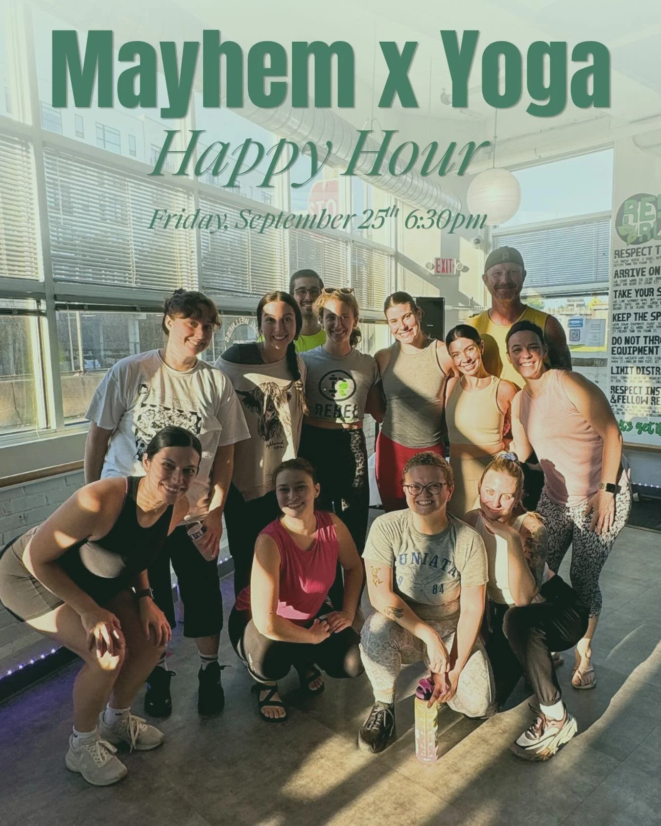 The best of both worlds is back! Register for Mayhem x Yoga Happy Hour on Friday, September 25th at 6:30pm!

30 minutes of Mayhem followed by 30 minutes of yoga and cool down. Stay after to connect and grab a snack and drink (alcoholic or not)! Feel 