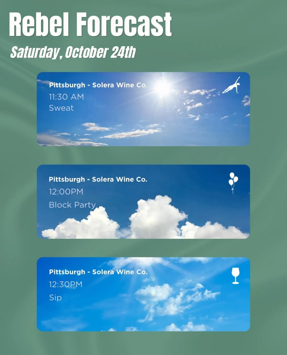 Your Rebel Forecast for this Saturday 🤭

Tickets still available for Fusion at Solera Wine Co. with @imlaurengrreegg ! Registration includes class and one glass of wine. Bring a mat and get ready to party after your sweat session!

Register on our w