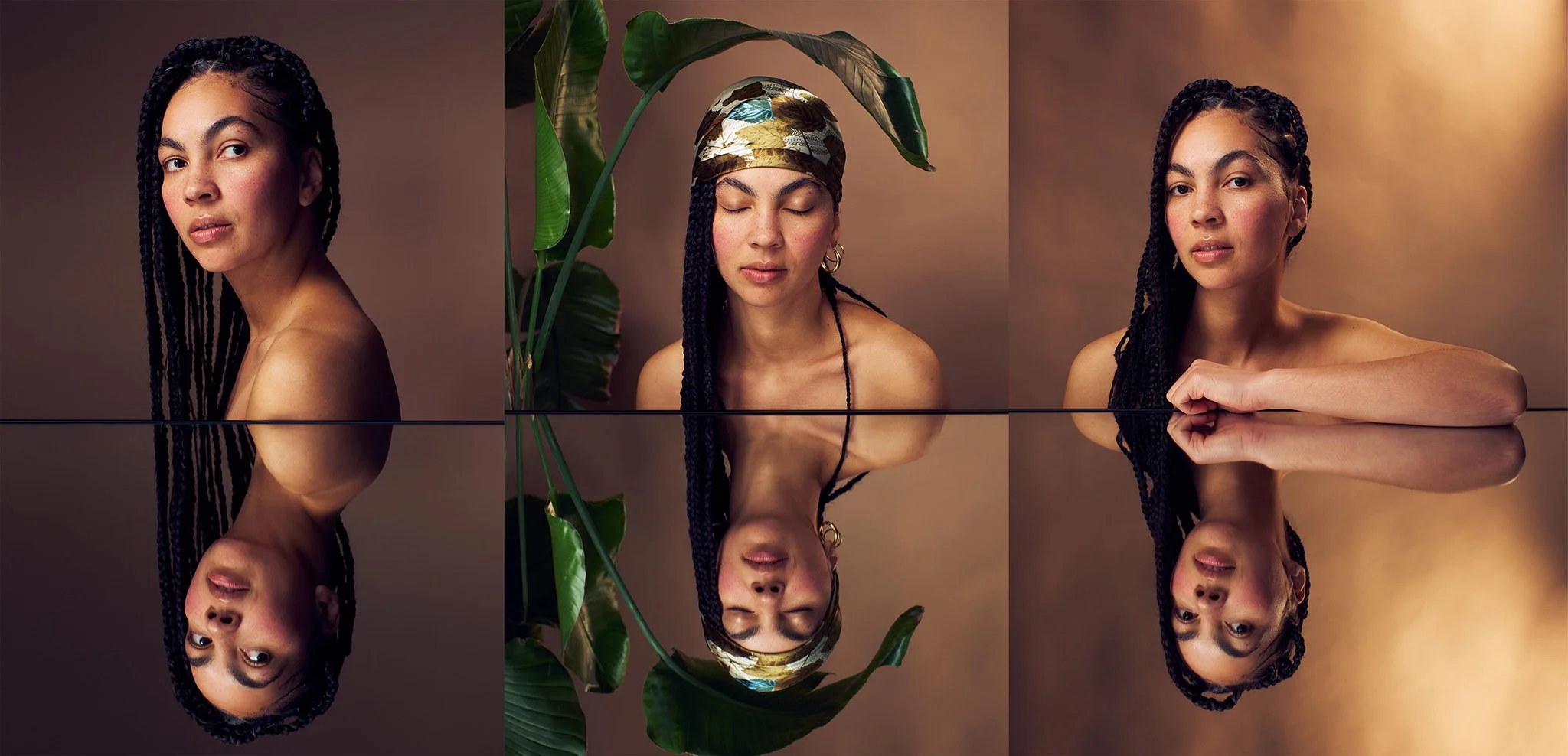 A triptych of a woman with long black braided hair posing pensively above a mirror against a beige background