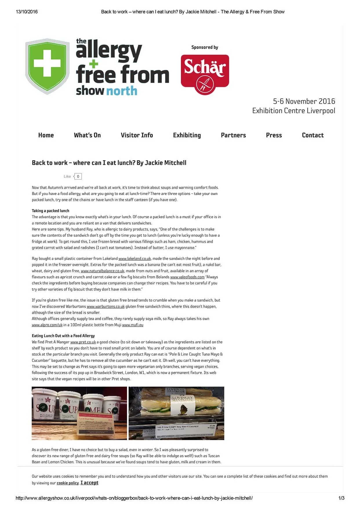 Webpage titled 'Back to work – where can I eat lunch?' by Jackie Mitchell from The Allergy & Free From Show. The page discusses options for packing lunch, eating out, and considerations for those with food allergies. Includes sponsor logo 'Schär' and